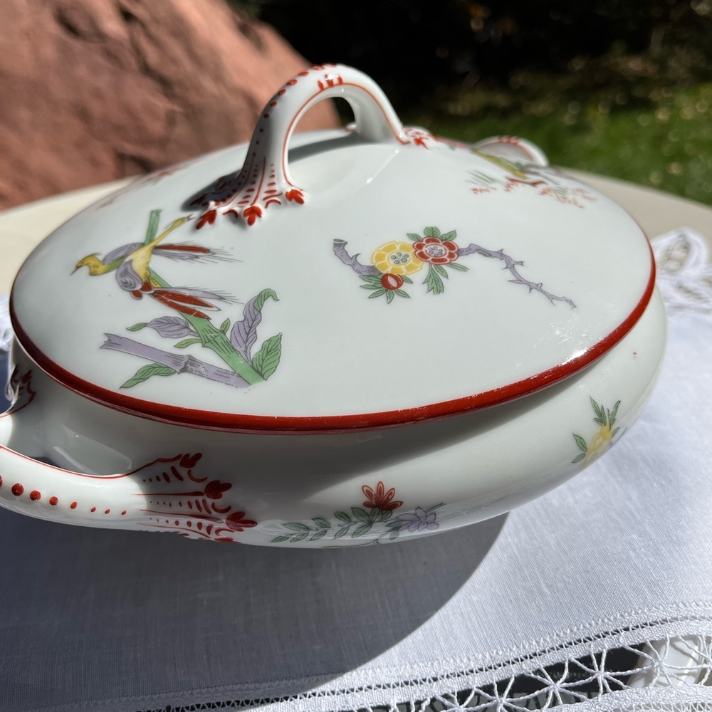 Limoge Porcelain Covered Dish - stamped “J.P. L France” & “J POUYAT Limoges”